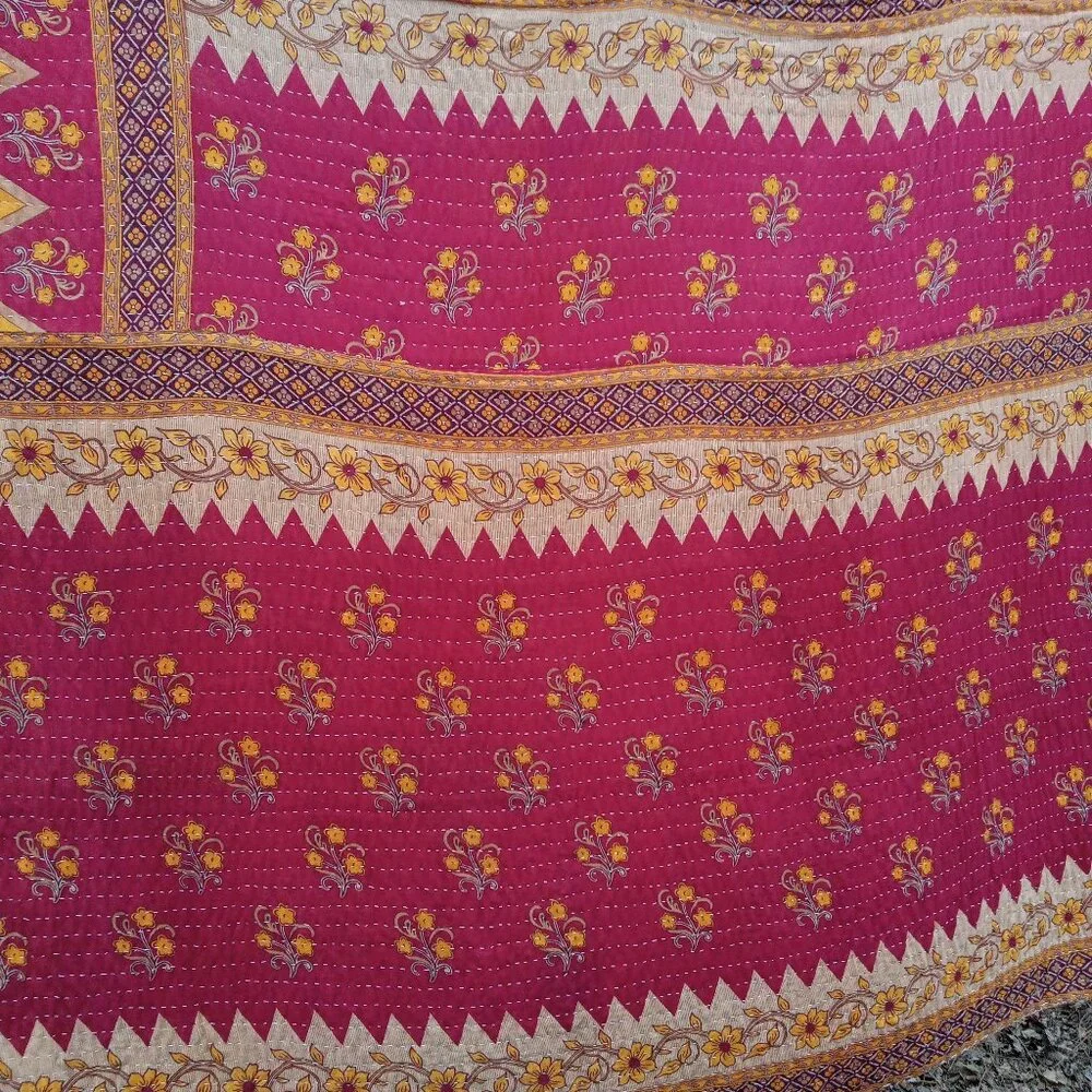 Kantha Quilt Dark Red Yellow Tan Premium 3 Layer 54